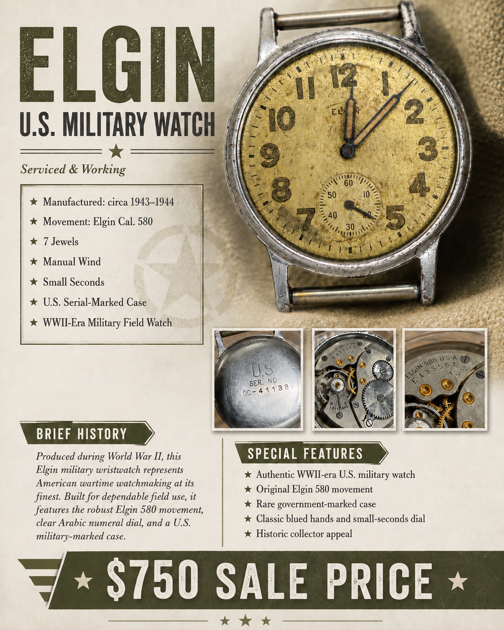 #1429 WWII U.S. MILITARY ELGIN GRADE 580 FIELD WATCH — 17 JEWELS — SERVICED & WORKING