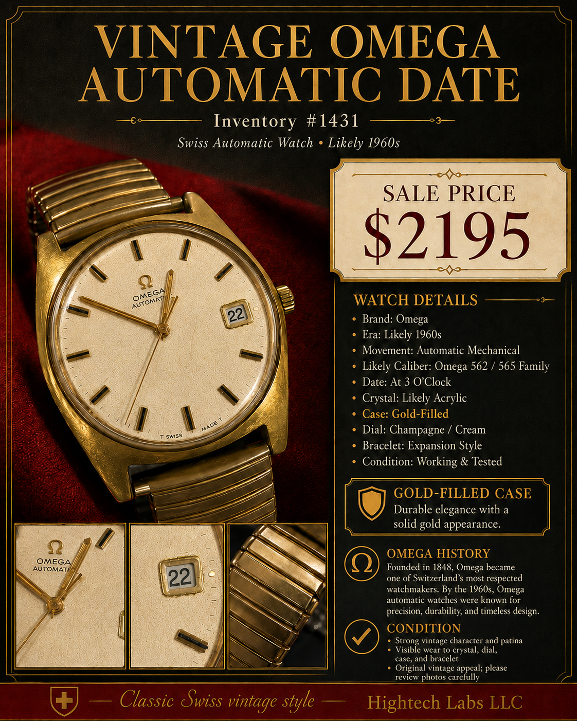 #1431 Vintage Omega Automatic Date – Gold-Filled Swiss Mechanical Watch – 1960s