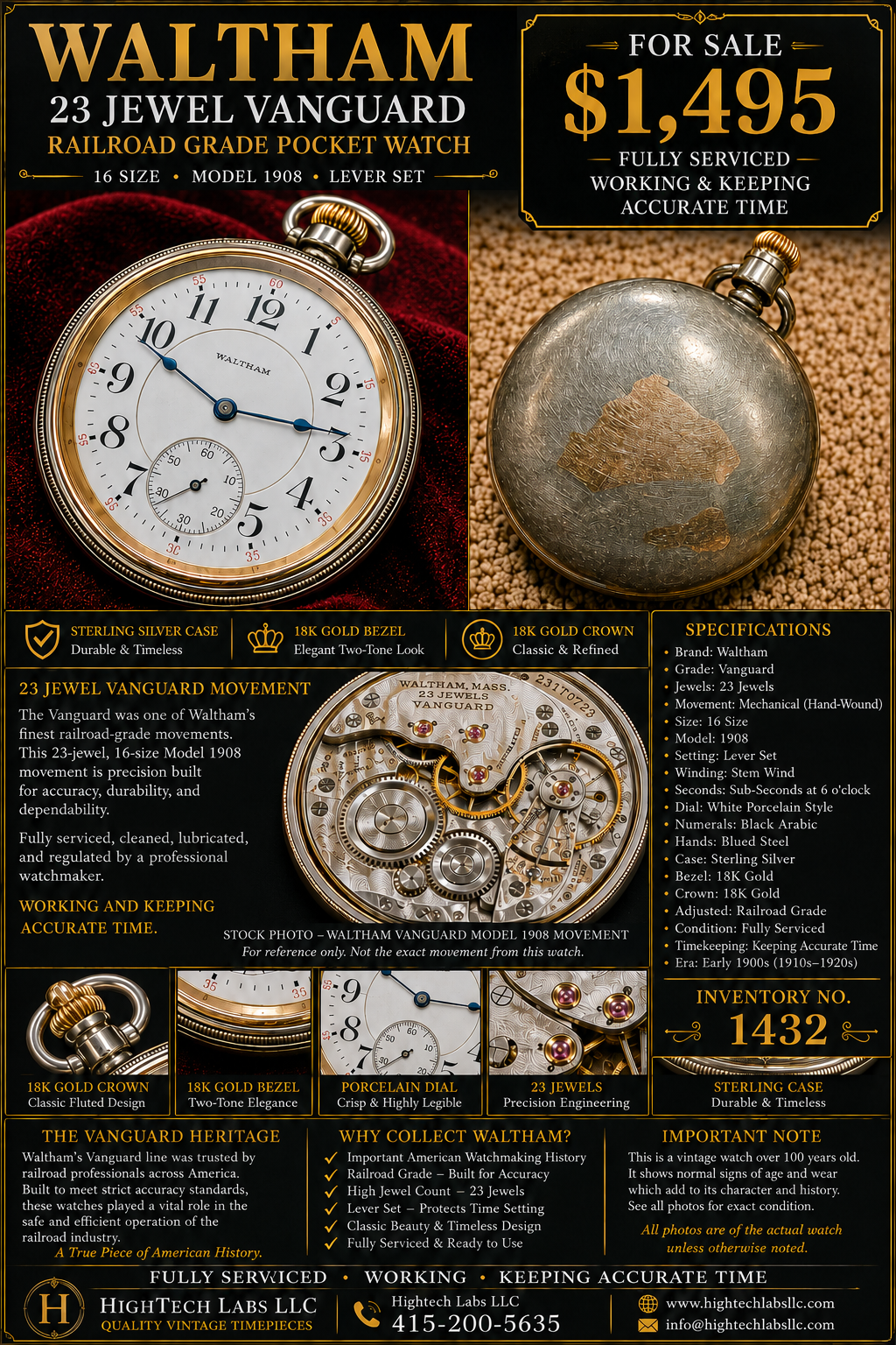 Vintage Waltham Vanguard 23-Jewel Railroad Grade Pocket Watch – Fully Serviced – Sterling Silver inventory #1432