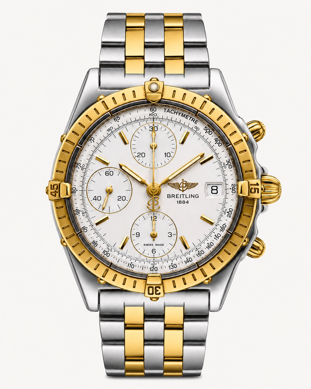 #728 Breitling Chronomat B13352 Automatic Chronograph – 18K Gold Bezel & Two-Tone Pilot Bracelet – Box Included
