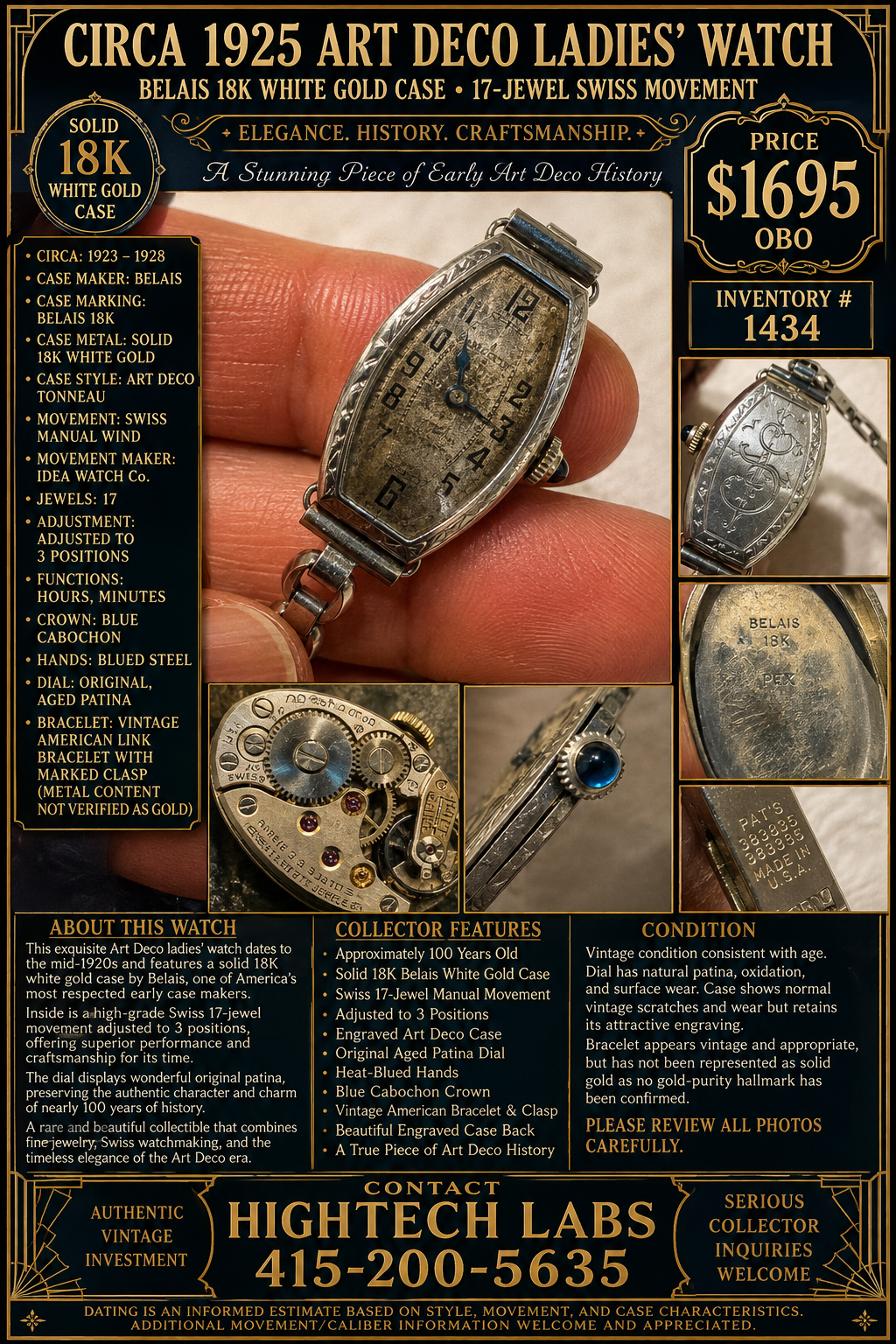 Circa1920s BELA 18K White Gold Art Deco Ladies’ Mechanical Watch – Swiss FIDEA Watch Co. 17 Jewels Inventory # 1434