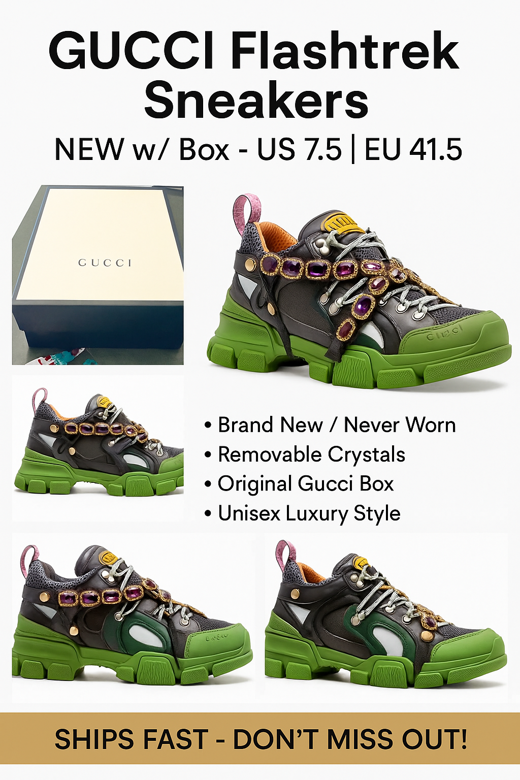 NEW GUCCI Flashtrek Black Green Removable Crystals Men’s Sneakers US Size 7.5 EU 41.5