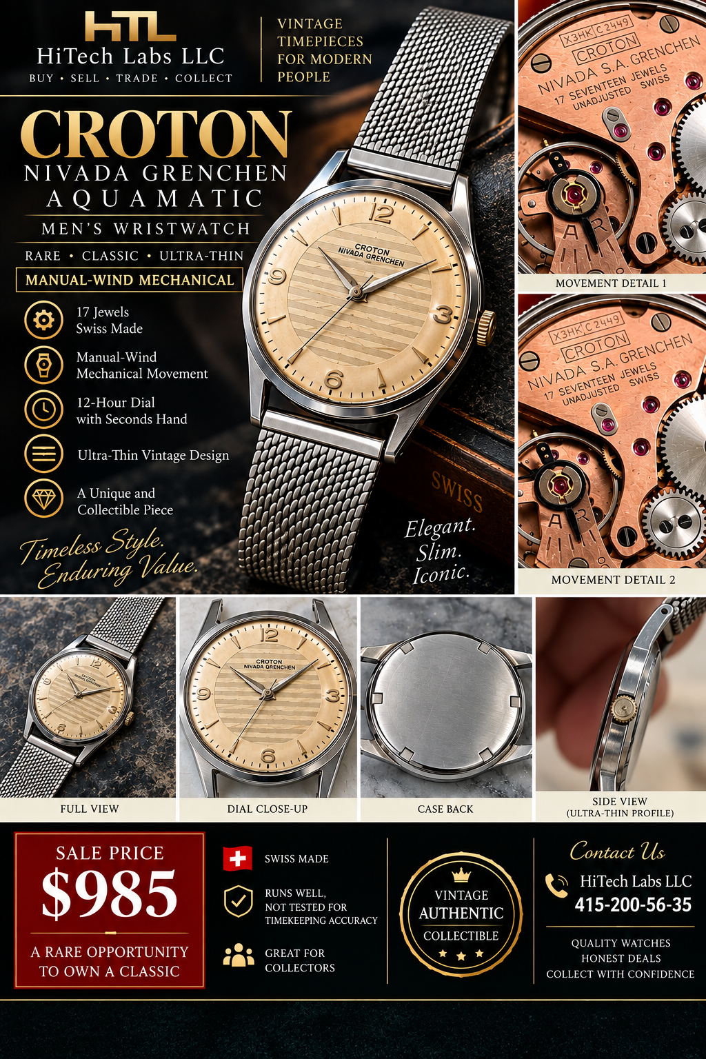 Ultra Thin Vintage Croton Aquamatic Nivada Grenchen Swiss 17-Jewel Mechanical Men’s Watch – Rare inventory # 1184
