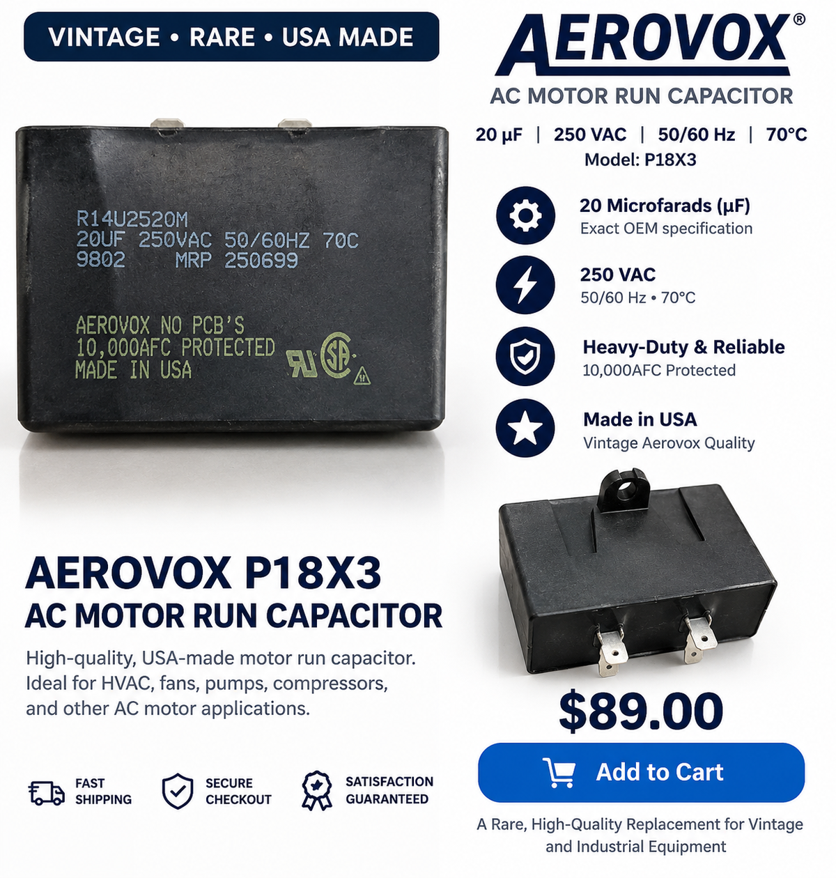 Vintage Aerovox R14U2520M 20µF 250VAC AC Motor Run Capacitor – Made in USA