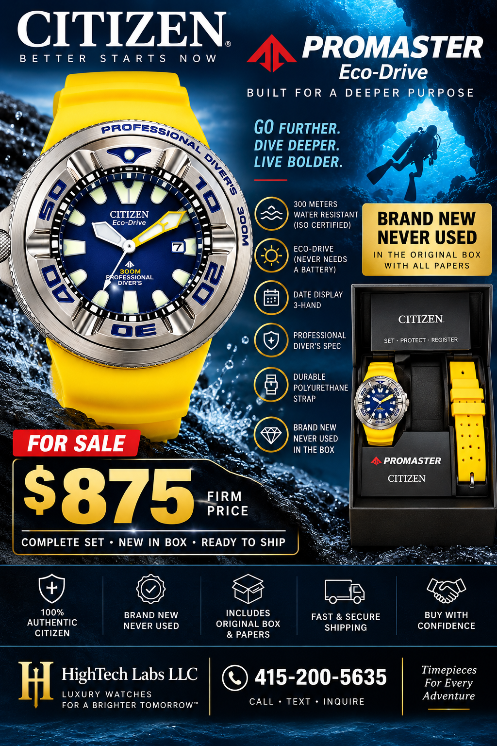 Citizen Promaster Eco-Drive 300M Professional Diver – Yellow Strap – Brand New in Box Inv #1368