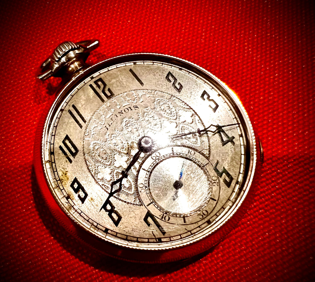 Sold #68 VINTAGE ILLINOIS 14K GOLD FILLED open face FANCY DIAL Pocket watch SIZE 12 POCKET WATCH