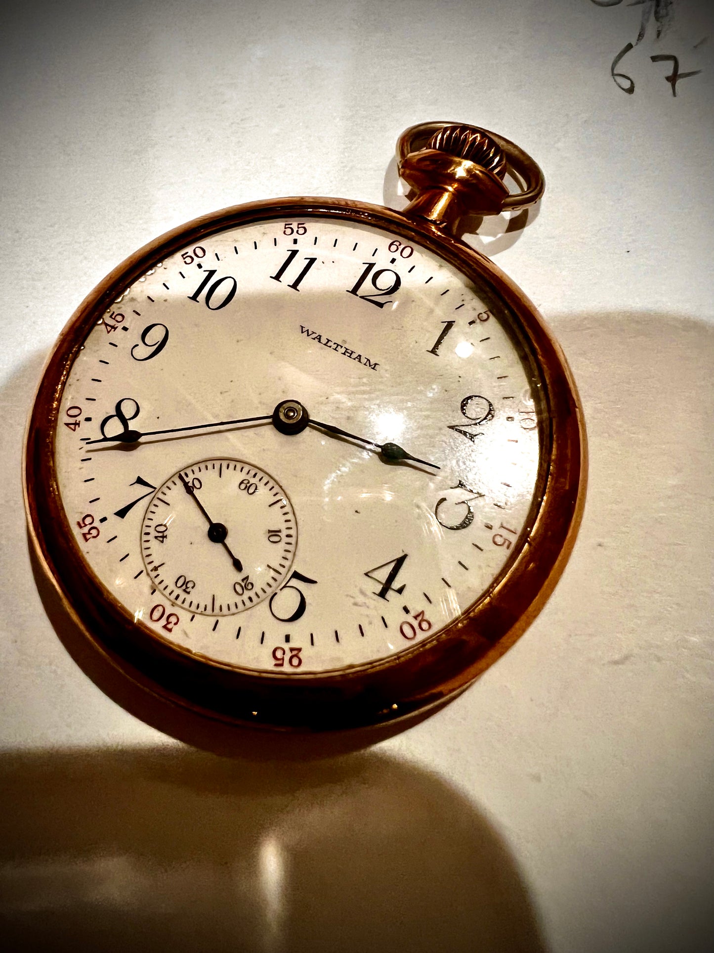 #67 American Waltham Traveler USA pocket watch working Gold filled case and gold plated movement