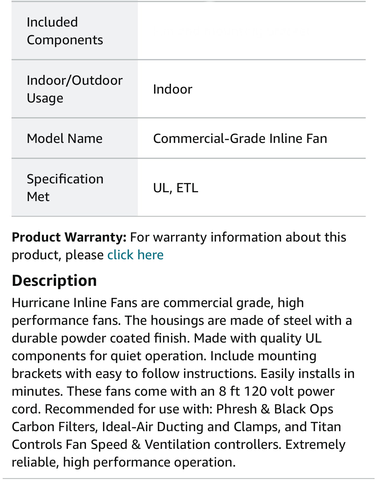 Hurricane 8 Inch Inline Fan 745 CFM - Quiet Fan with Steel Housing and Powder-Coated Finish, Easy Installation