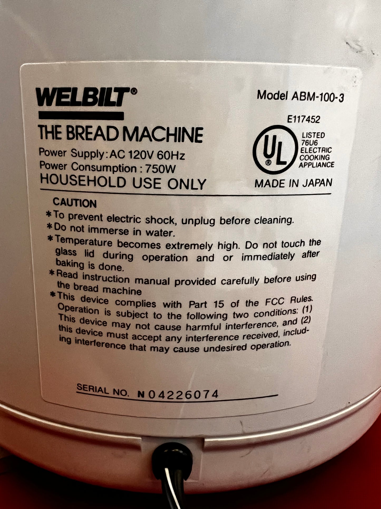 #01 Welbilt The Bread Machine  Model ABM-100-3 Bread Maker- Tested & works