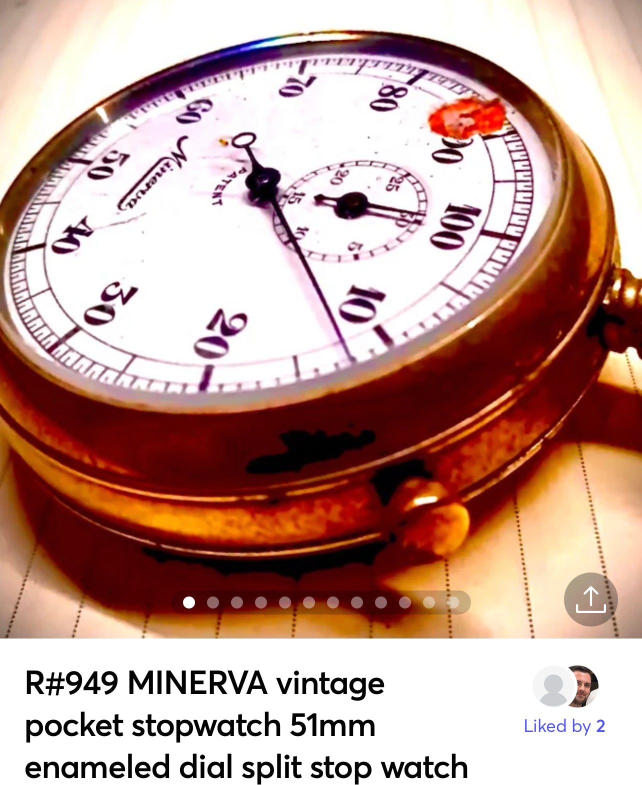 R#949 MINERVA vintage pocket stopwatch 51mm enameled dial split stop watch