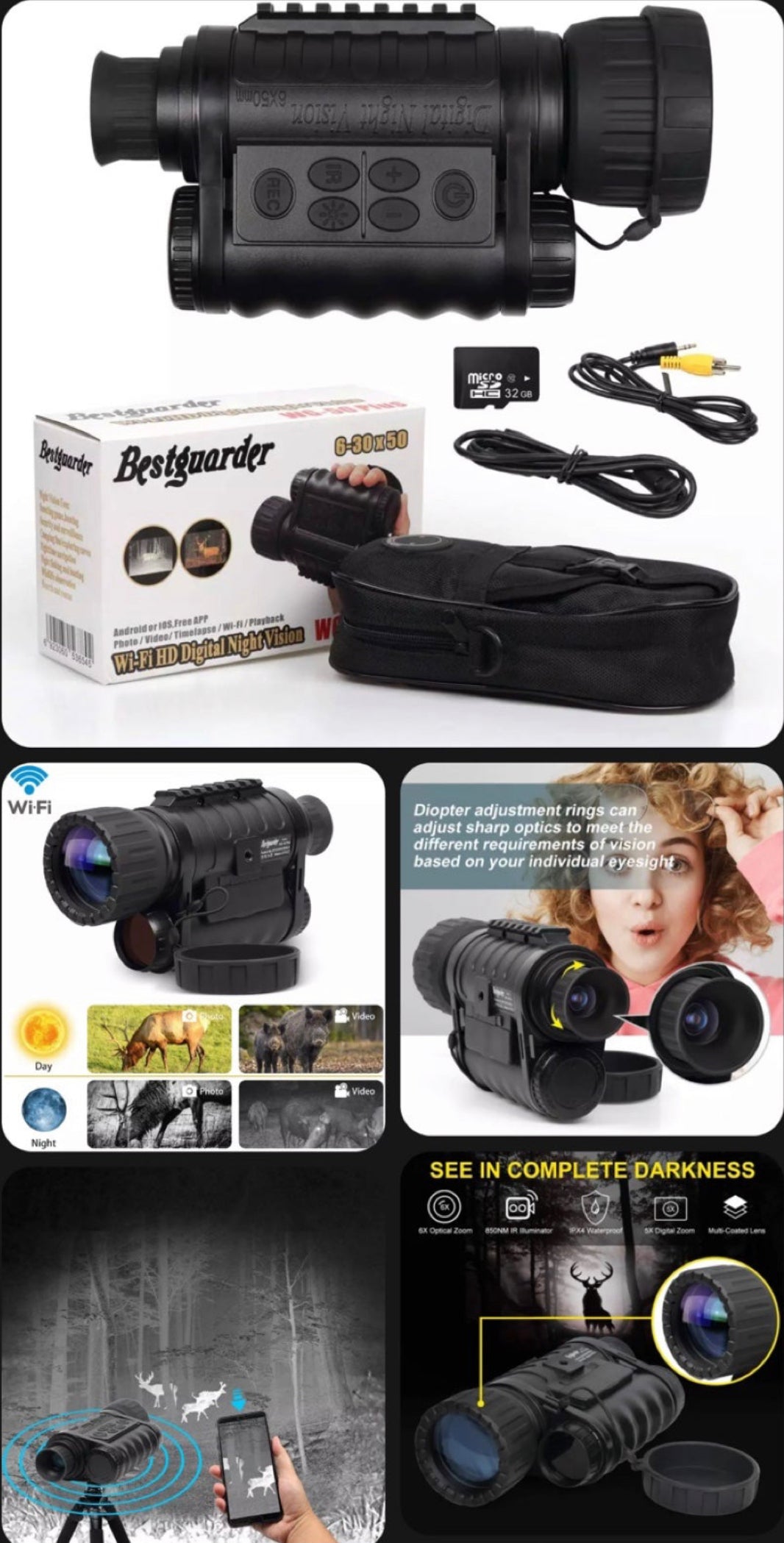 WG-50Plus 6x50mm WIFI Digital Night Vision Infrared IR Monocular w/32G & Camera