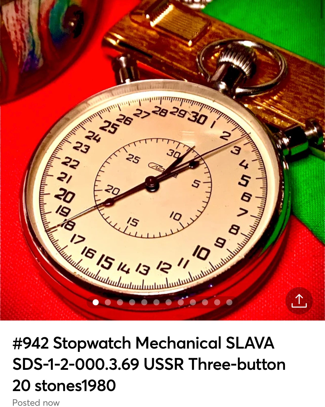 #942 Stopwatch Mechanical SLAVA SDS-1-2-000.3.69 USSR Three-button 20 stones From 1980