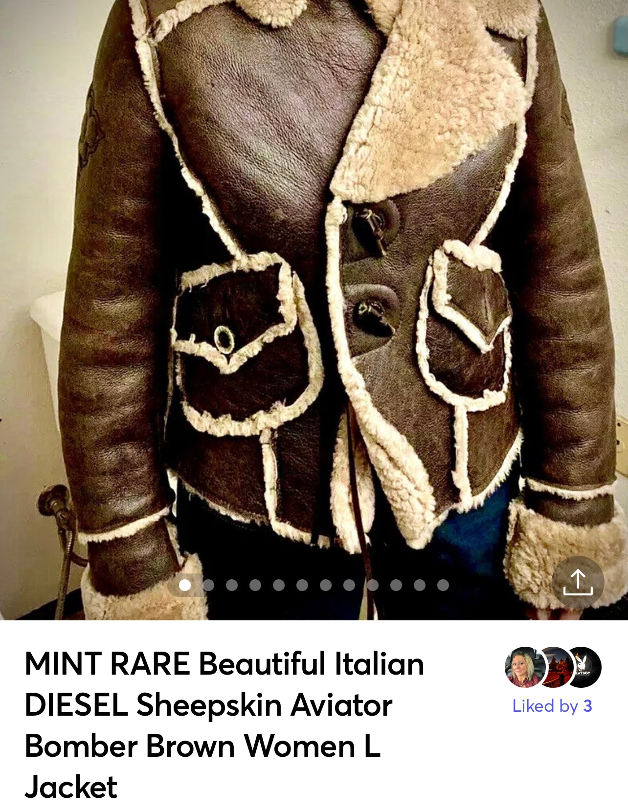 MINT RARE Beautiful Italian DIESEL Sheepskin Aviator Bomber Brown Women L Jacket