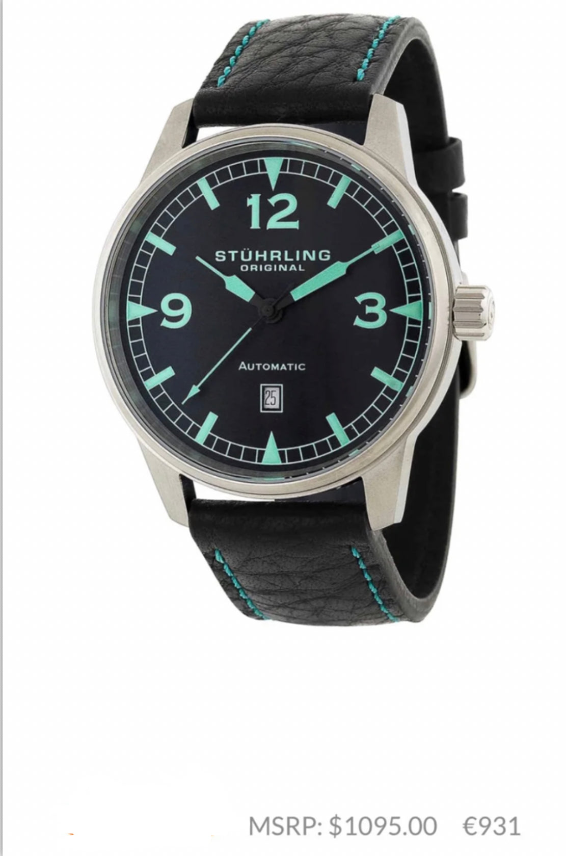 R#932 Stuhrling Original Automatic Watch Luminous Dial 44.5mm Aviator ST-90106