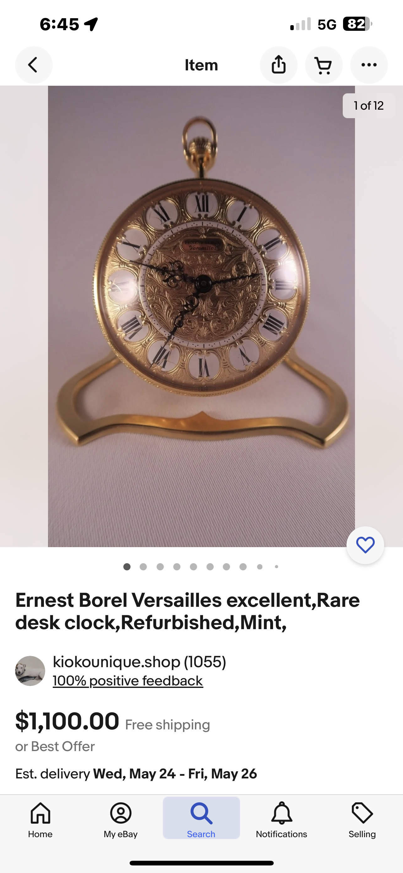 46. Vintage Ernest Borel Swiss Made  8 Day 17 Jewel Travel Alarm Clock