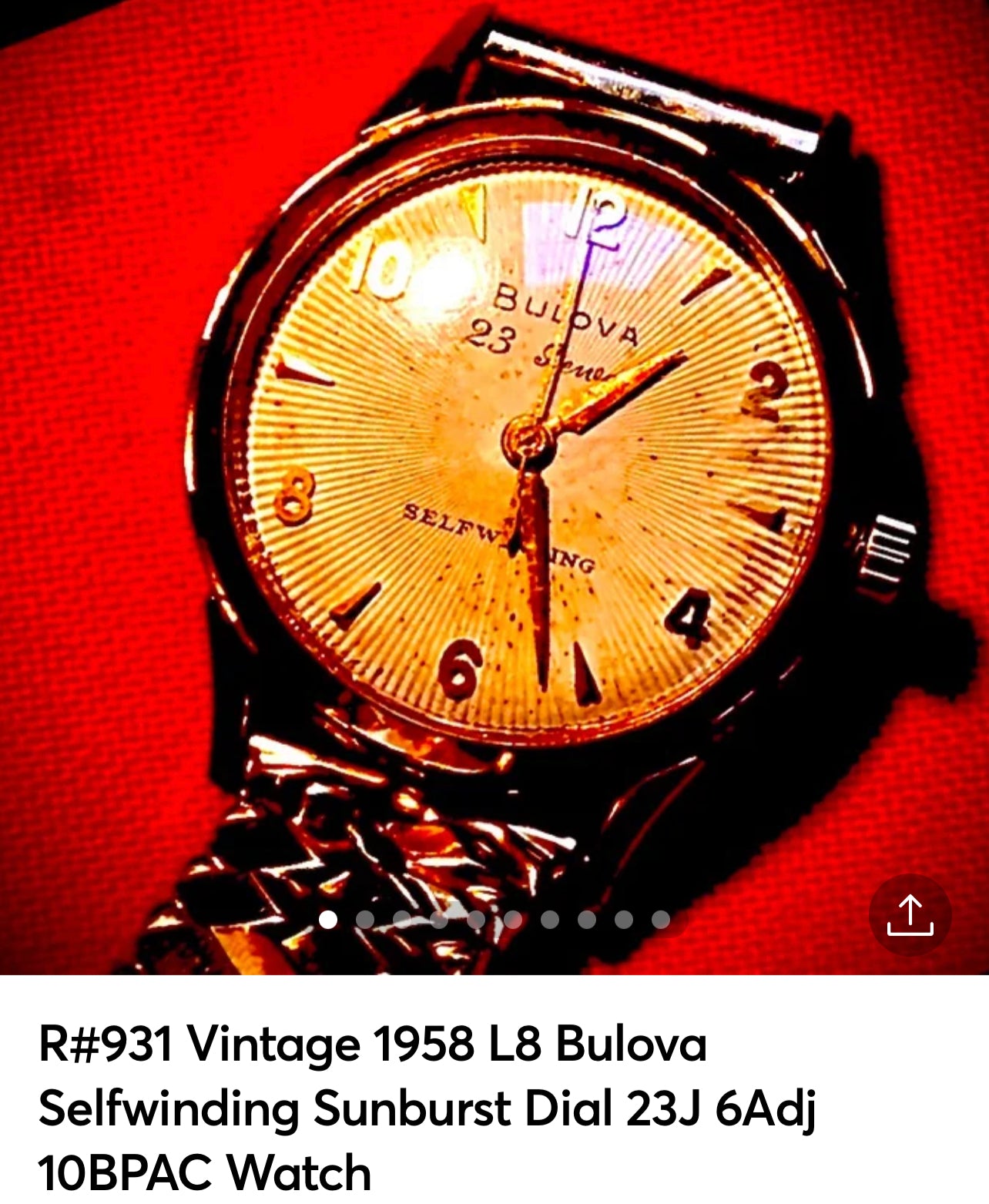 R#931 Vintage 1958 L8 Bulova Selfwinding Sunburst Dial 23J 6Adj 10BPAC Watch