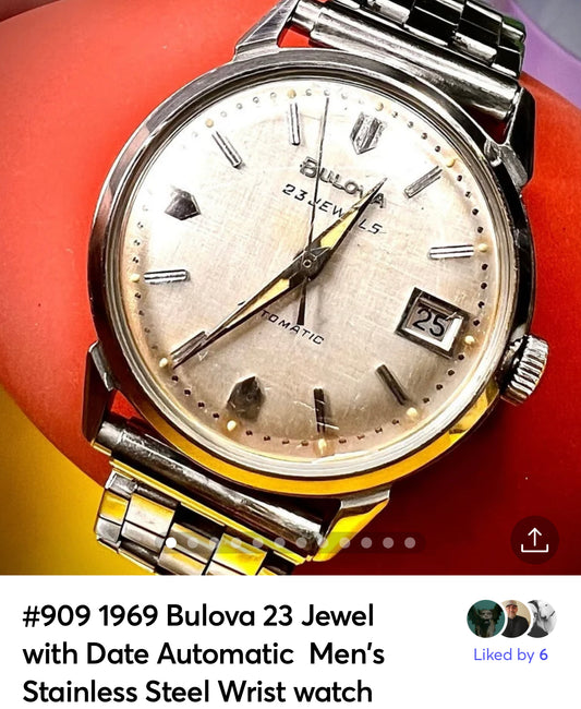 #909 1969 Bulova 23 Jewel with Date Automatic  Men's Stainless Steel Wrist watch