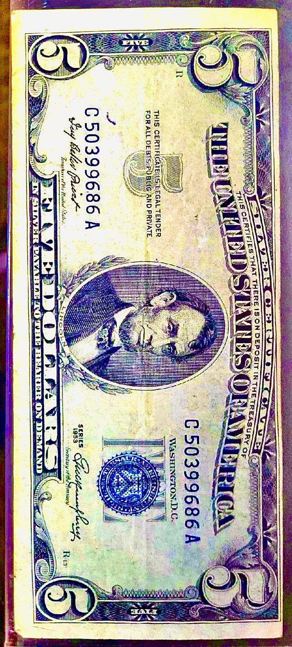 USA Series 1953 $5 bill silver note