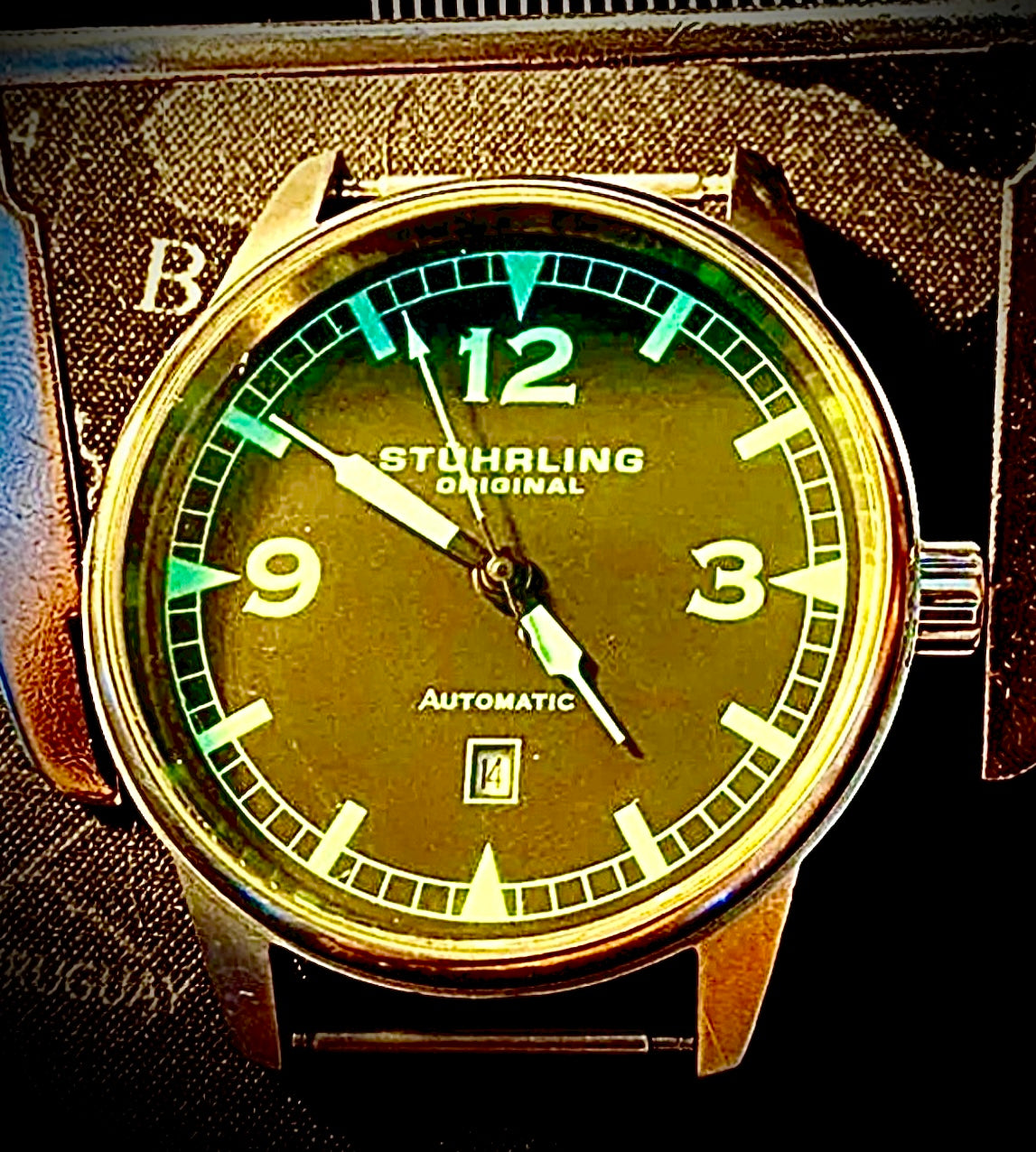 R#932 Stuhrling Original Automatic Watch Luminous Dial 44.5mm Aviator ST-90106