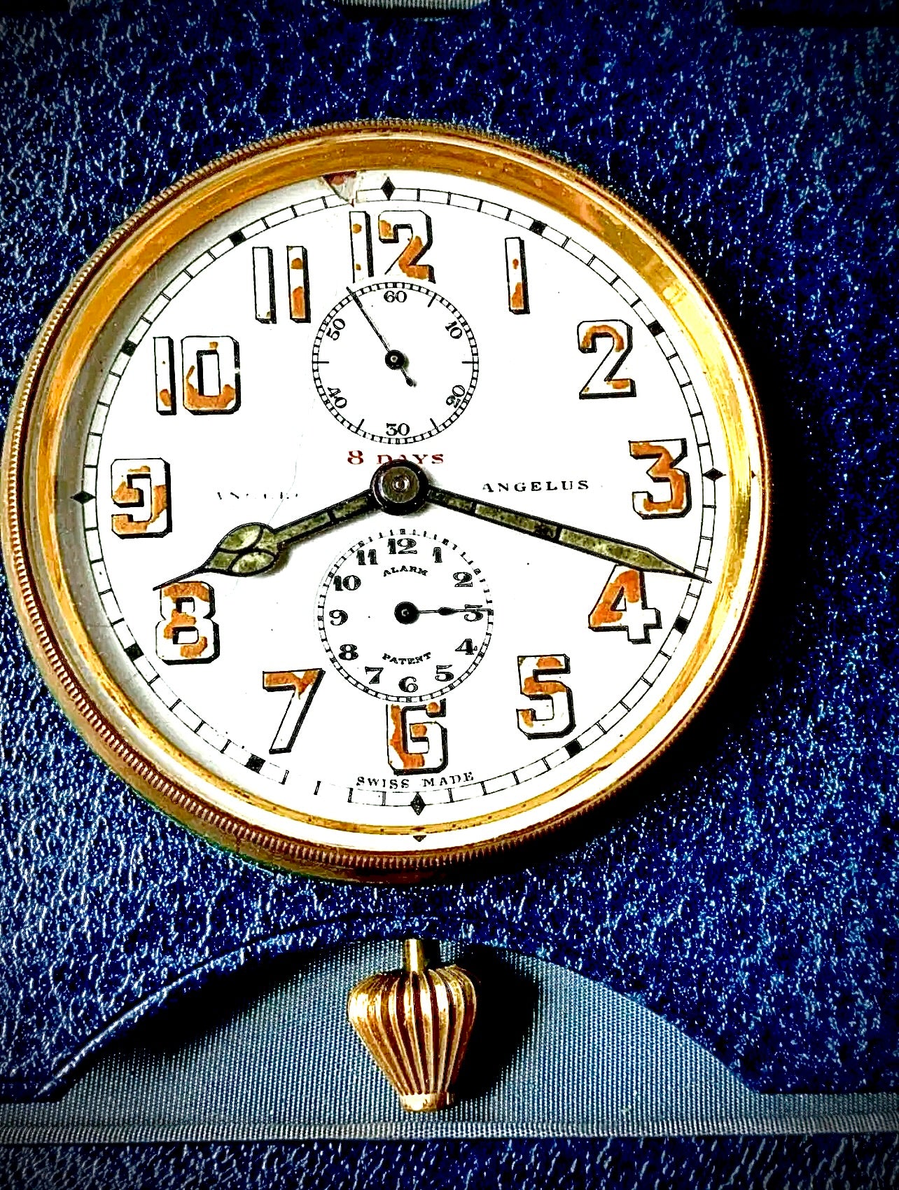 64. ANTIQUE ANGELUS 8 DAY TRAVEL ALARM CLOCK 15 JEWELS COIL GONG MINTY BLUE CASE CASE