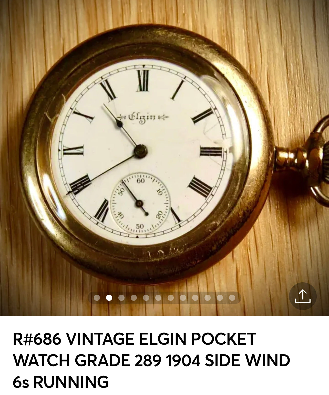 R#686 VINTAGE ELGIN POCKET WATCH GRADE 289 1904 SIDE WIND 6s RUNNING