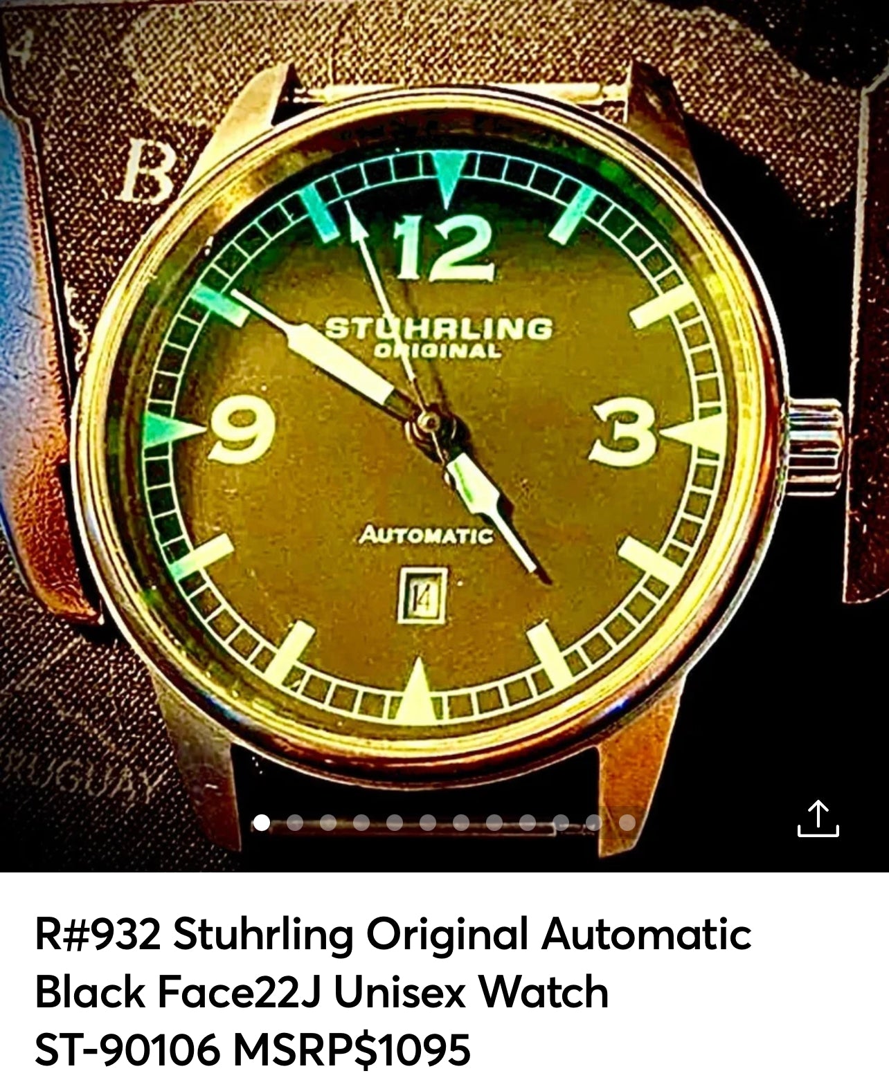 R#932 Stuhrling Original Automatic Watch Luminous Dial 44.5mm Aviator ST-90106