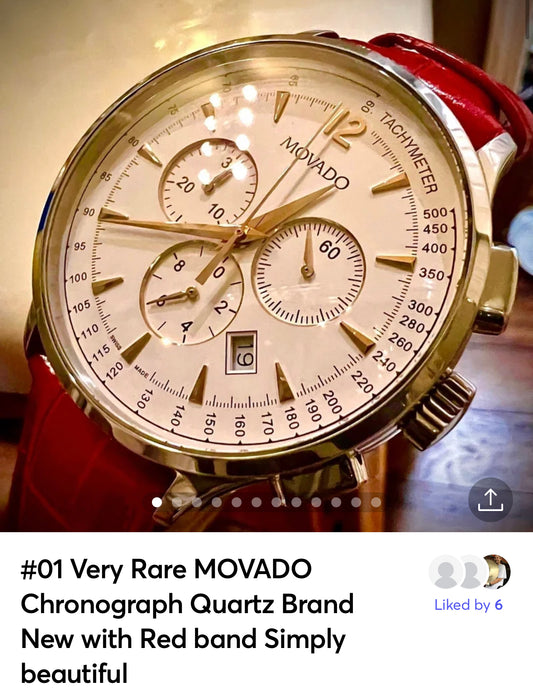 #01 MOVADO Chronograph Quartz Brand New larger size Collector’s wrist watch with Red band Simply beautiful