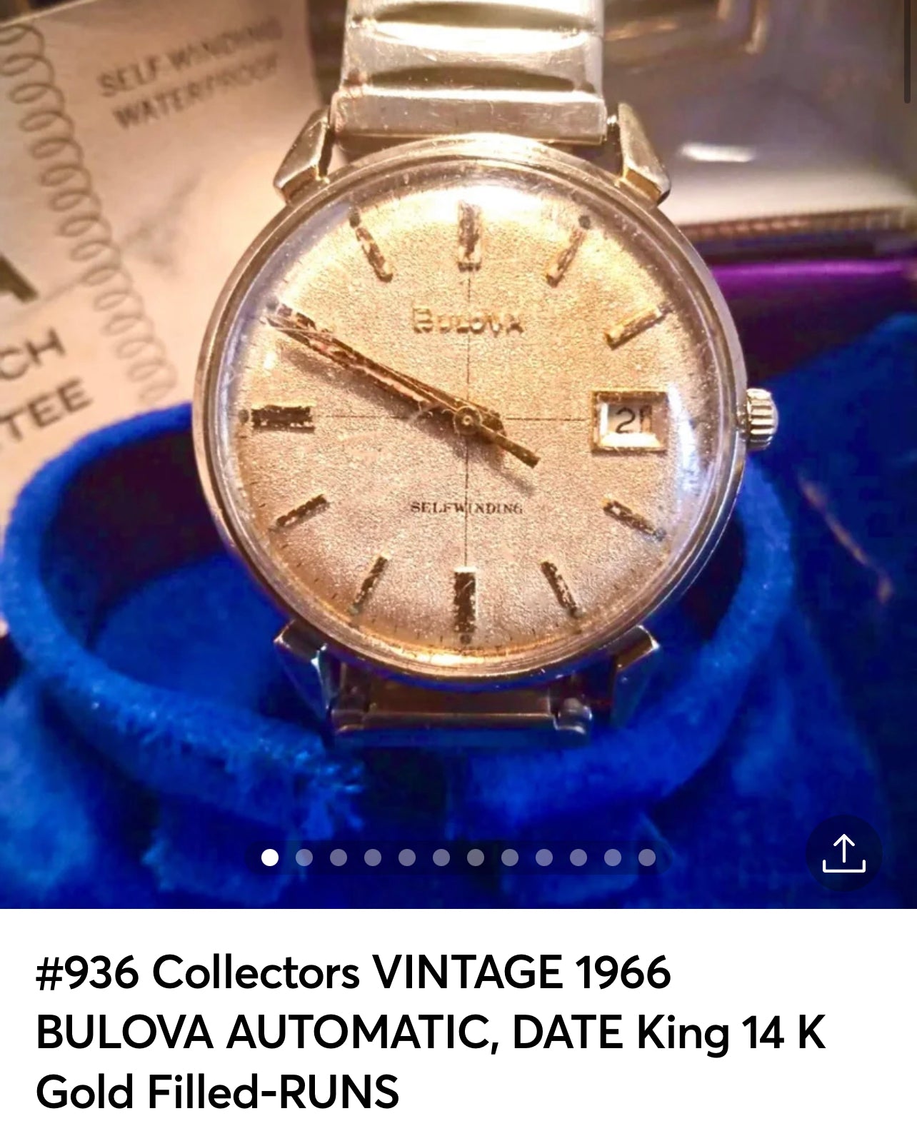 #936 Collectors VINTAGE 1966 BULOVA AUTOMATIC, DATE King 14 K Gold Filled-RUNS