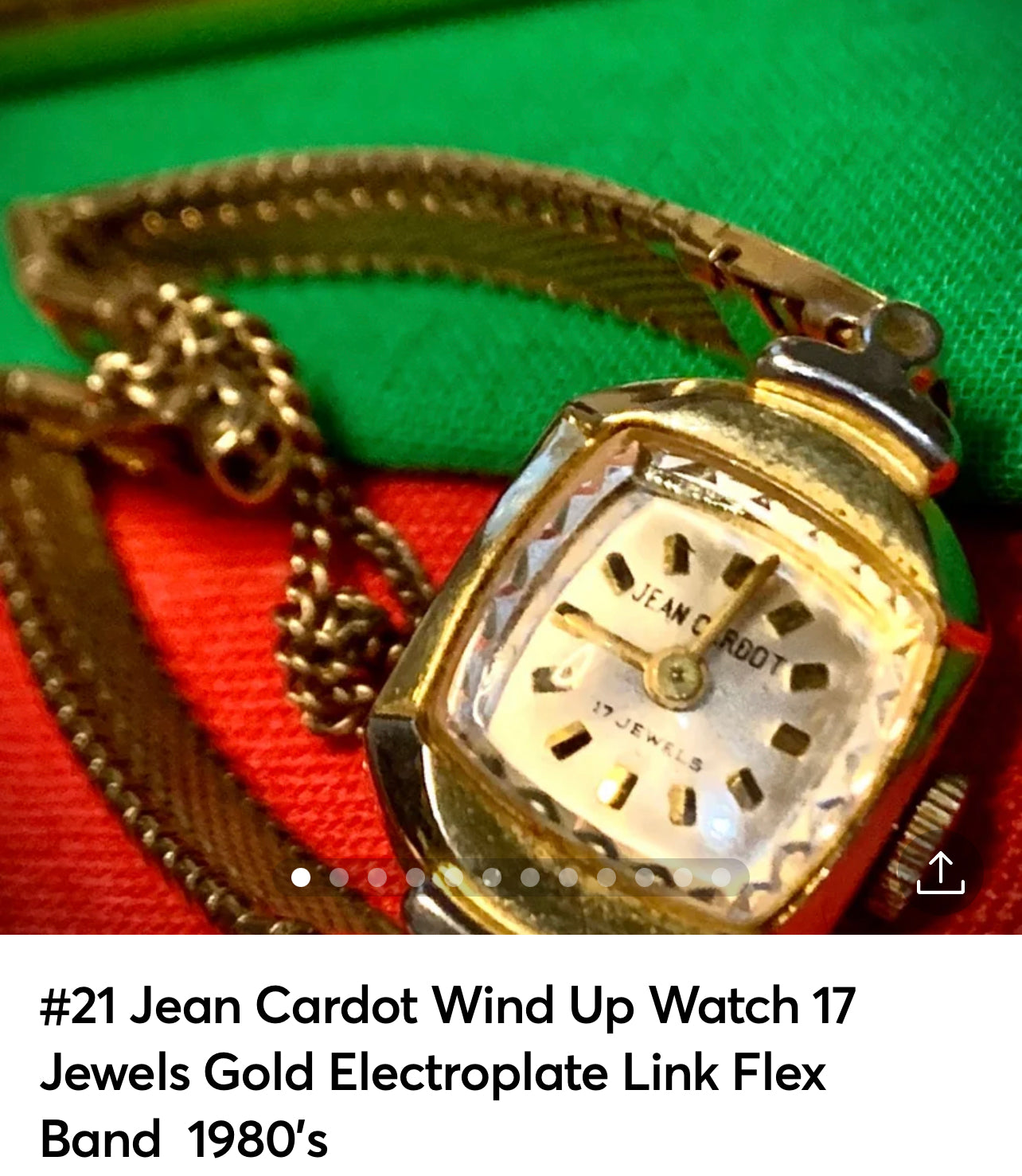 #21 Jean Cardot Wind Up Watch 17 Jewels Gold Electroplate Link Flex Band  1980's