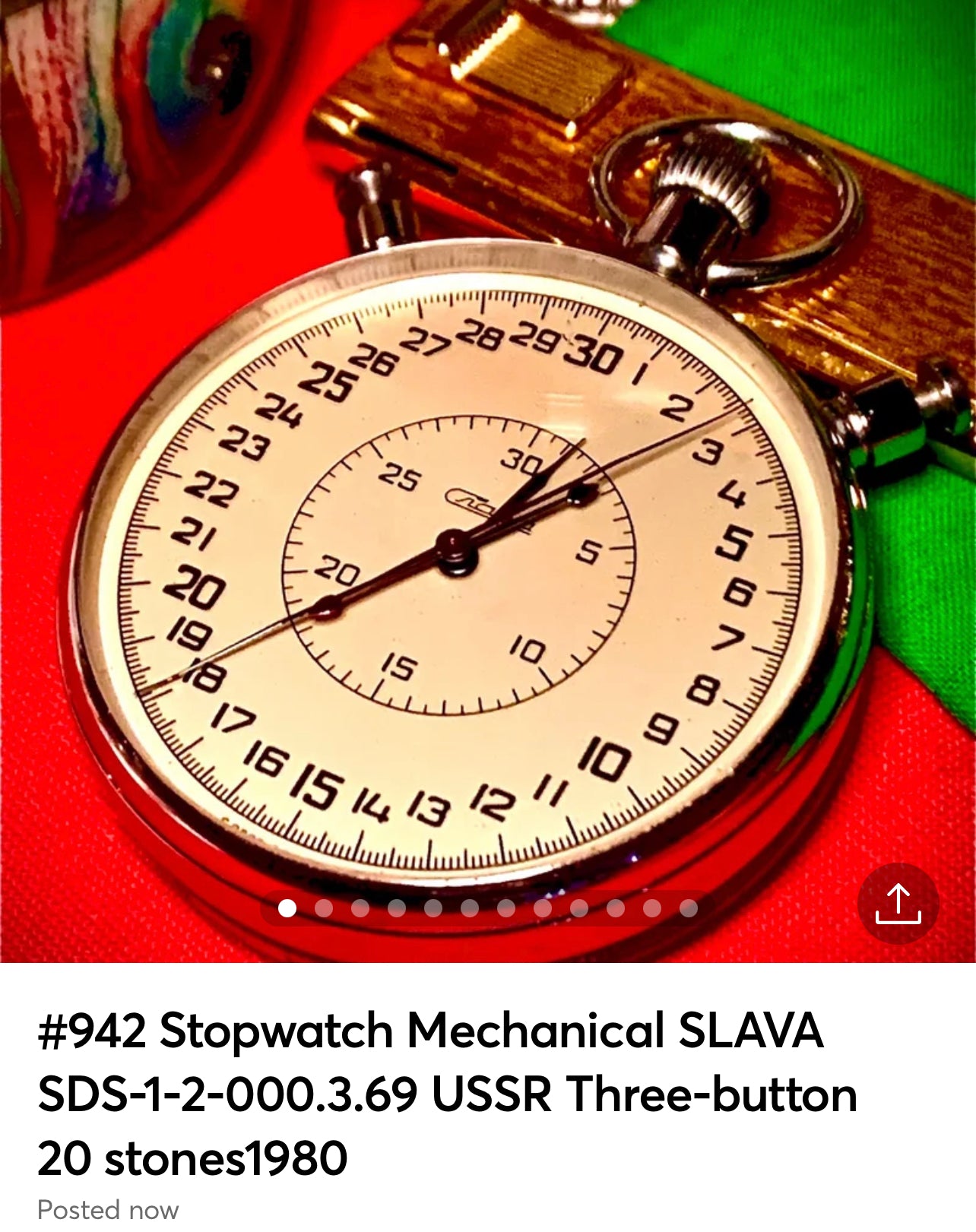 #942 Stopwatch Mechanical SLAVA SDS-1-2-000.3.69 USSR Three-button 20 stones From 1980