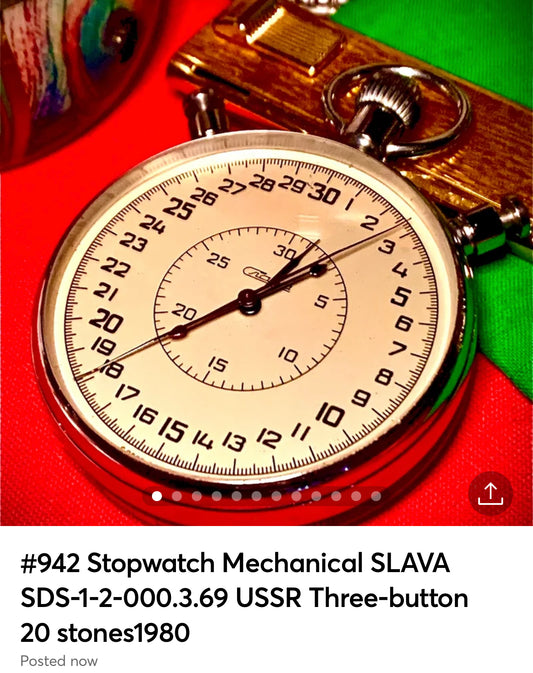 #942 Stopwatch Mechanical SLAVA SDS-1-2-000.3.69 USSR Three-button 20 stones From 1980