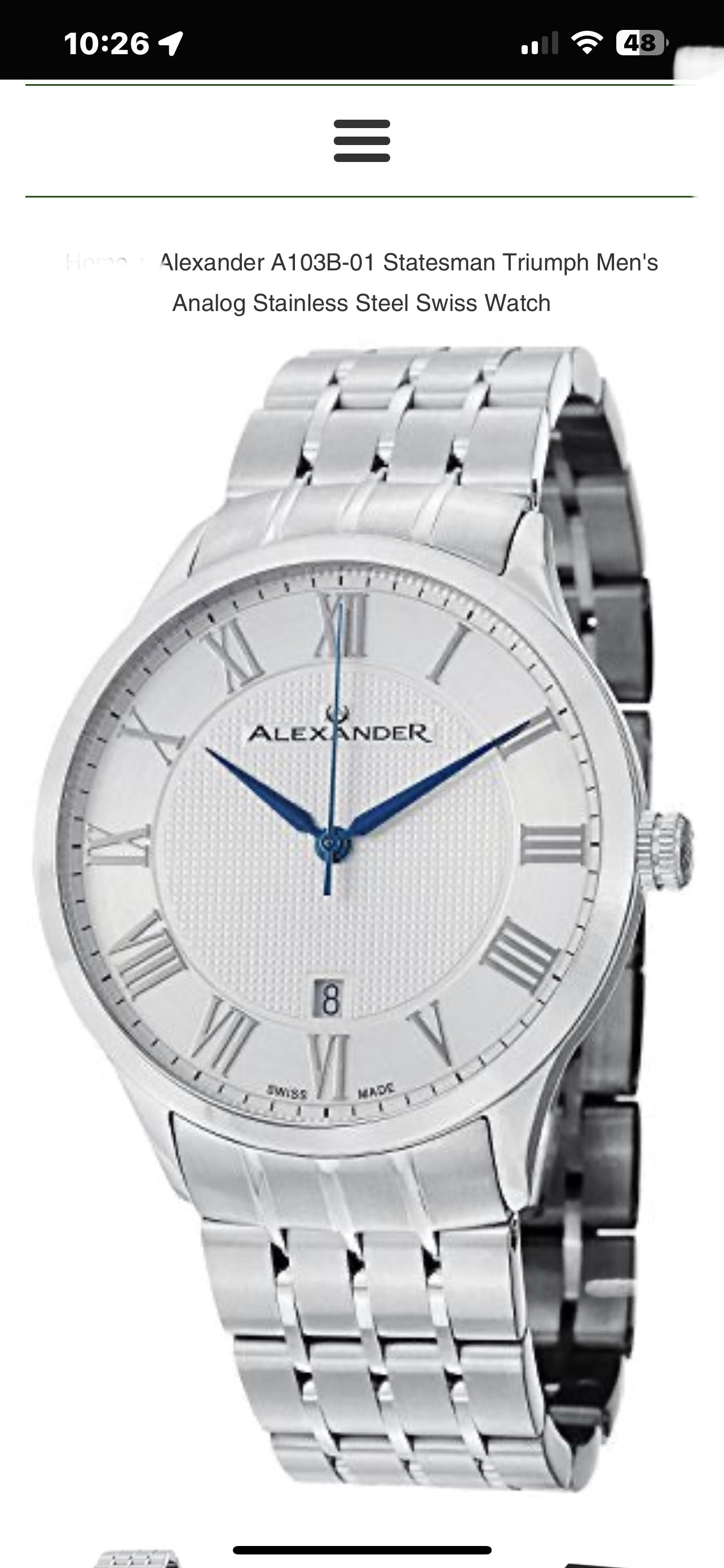 #934 Alexander A103B-01 Statesman Triumph Men's Analog Stainless Steel Swiss Watch B