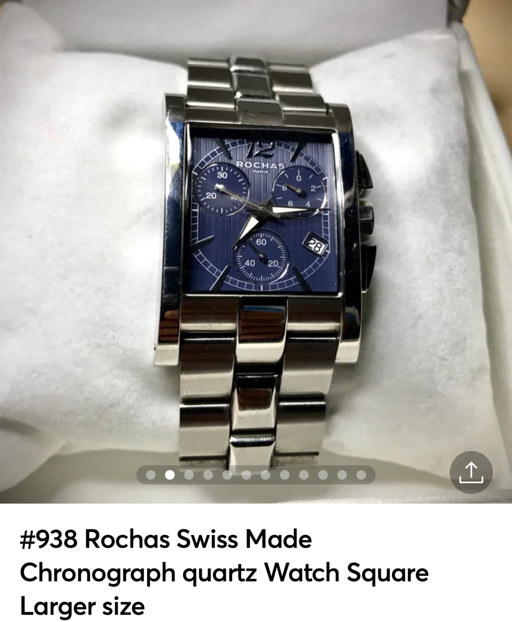 #938 Rochas Swiss Made Chronograph quartz Watch Square Larger size