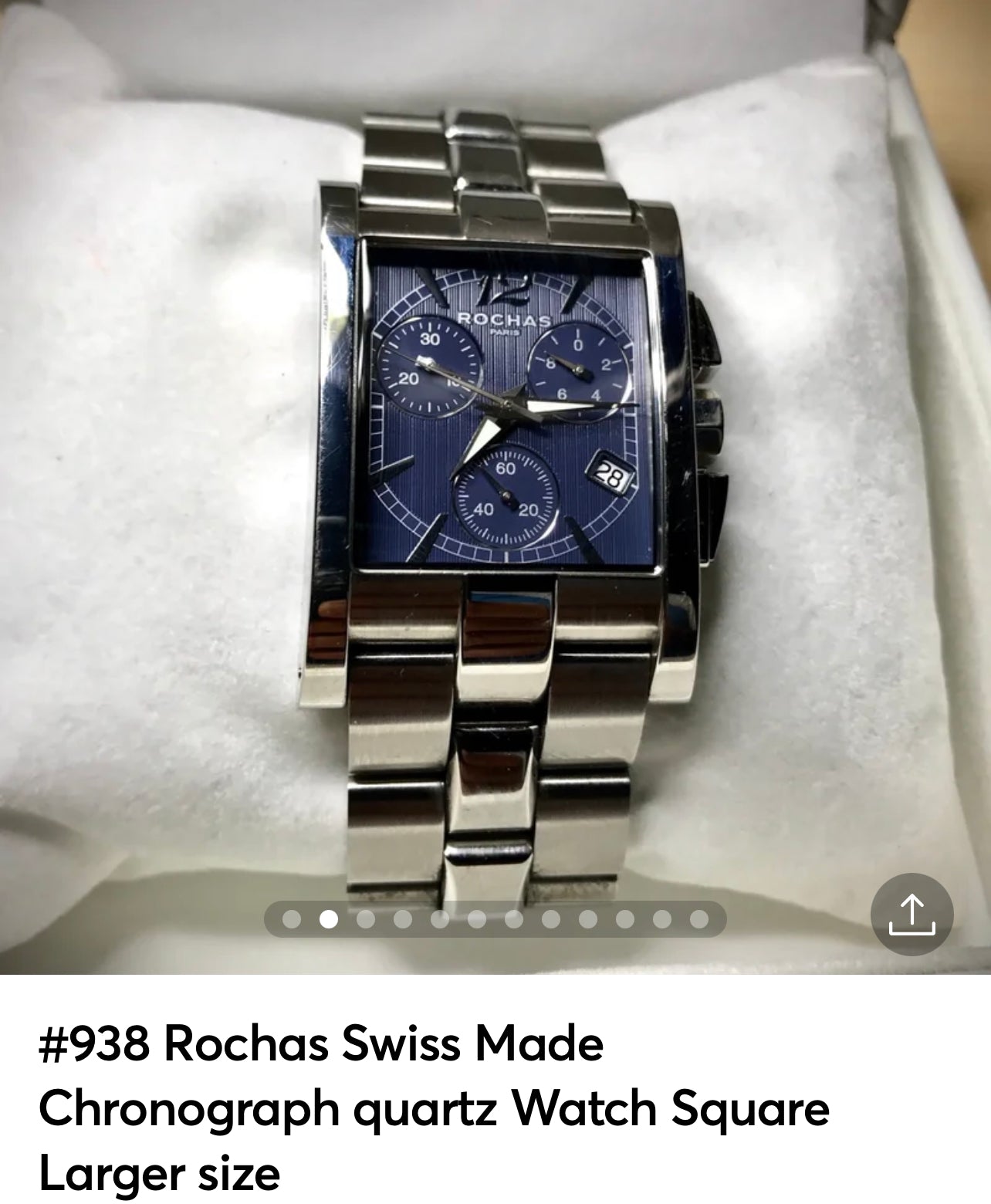 #938 Rochas Swiss Made Chronograph quartz Watch Square Larger size