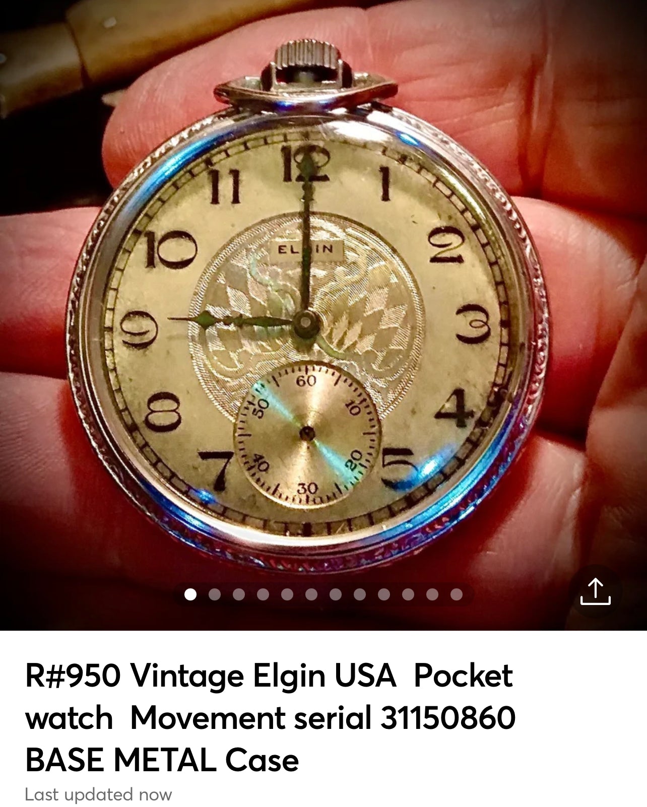 R#950 Vintage Elgin USA  Pocket watch  Movement serial 31150860  BASE METAL Case serial 3635458