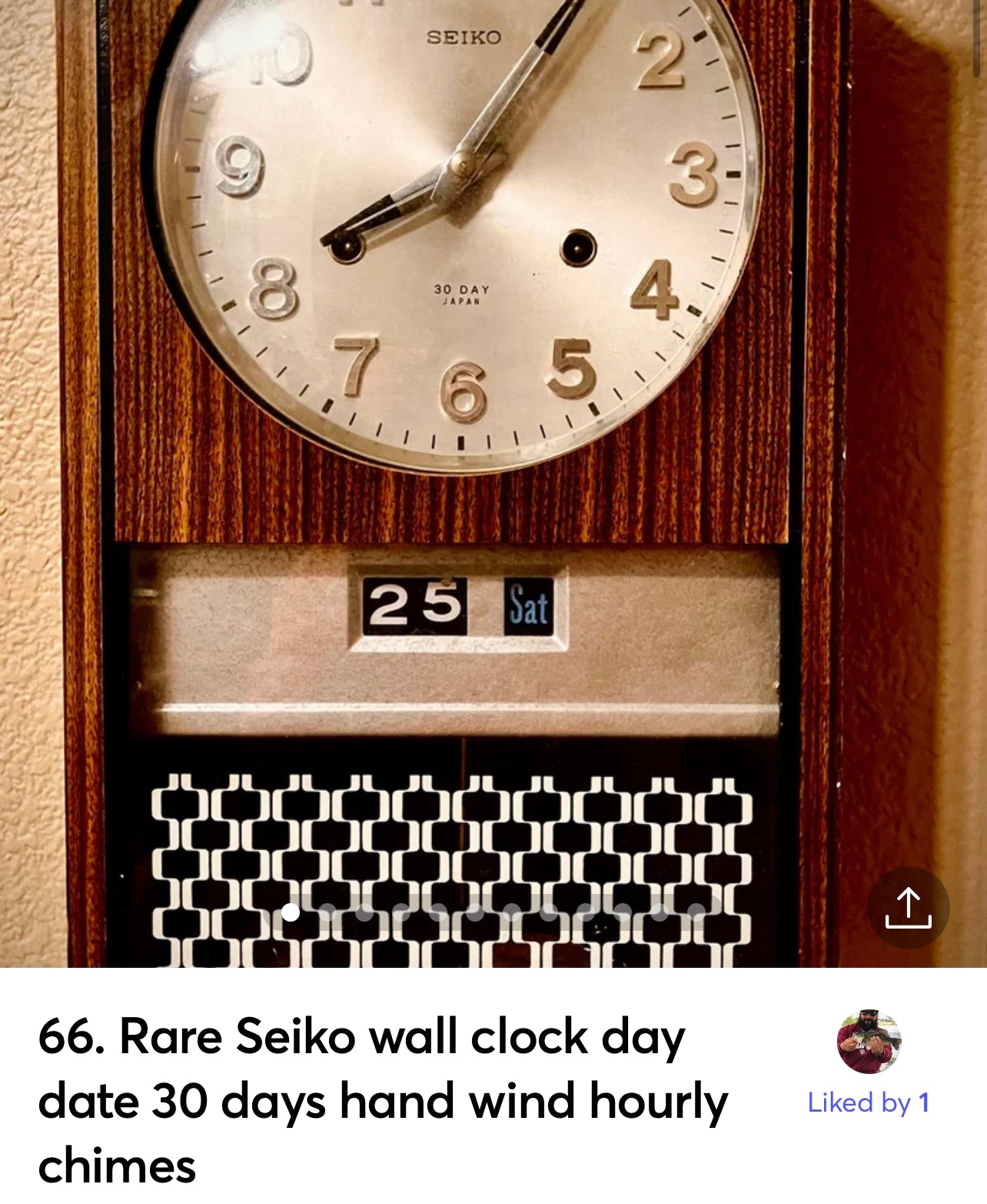 66. Rare Art Vintage Wood Seiko 30 Day Wall Clock – Striking Day date Key Pendulum 1970