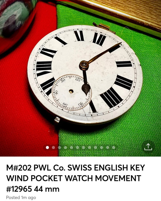 M#202  PWL Co. SWISS ENGLISH KEY WIND POCKET WATCH MOVEMENT #12965 44 mm $25 shabid ebay working perfectly heavy large vintage Rare