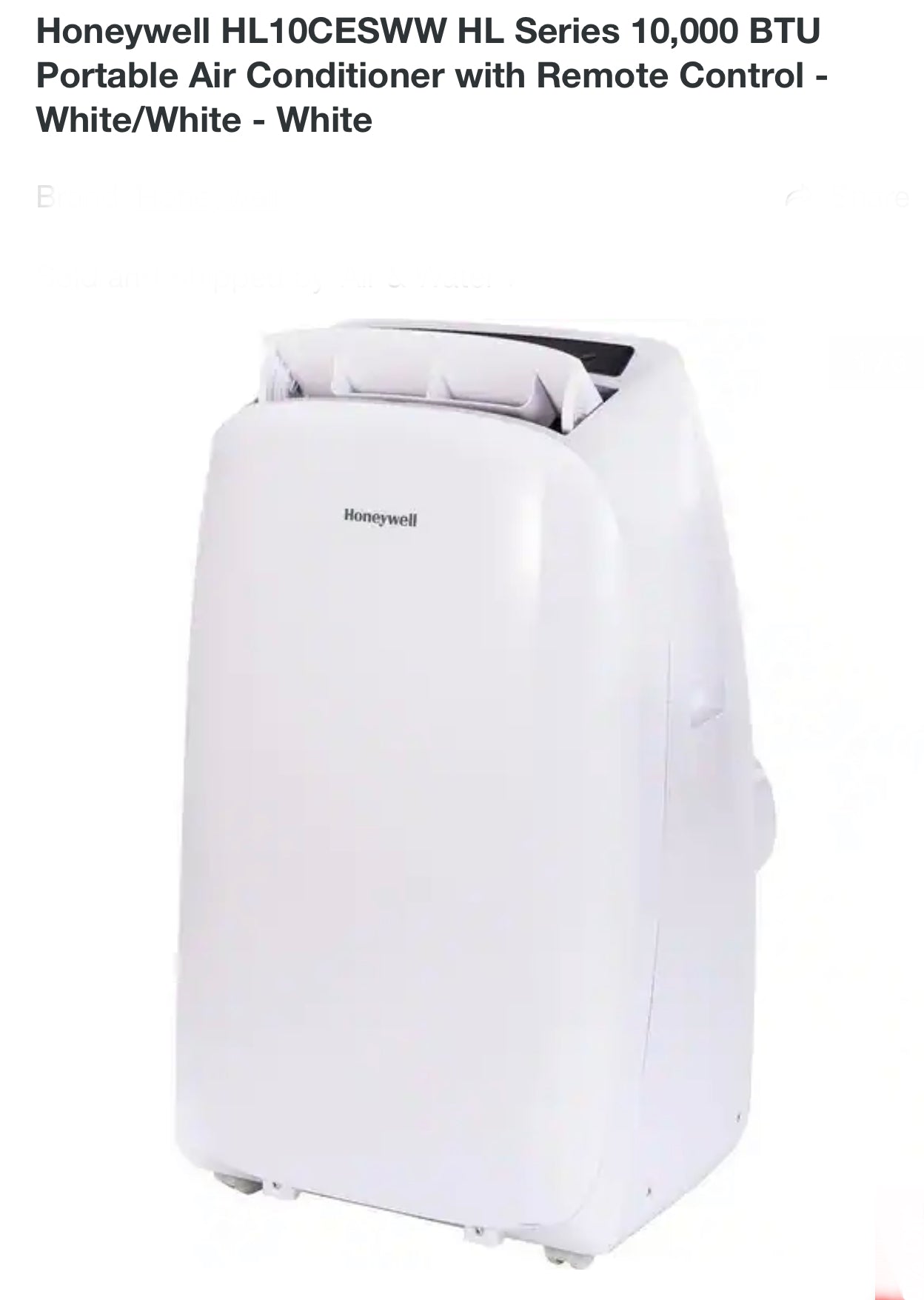 Honeywell HL10CESWW HL Series 10,000 BTU Portable Air Conditioner AC