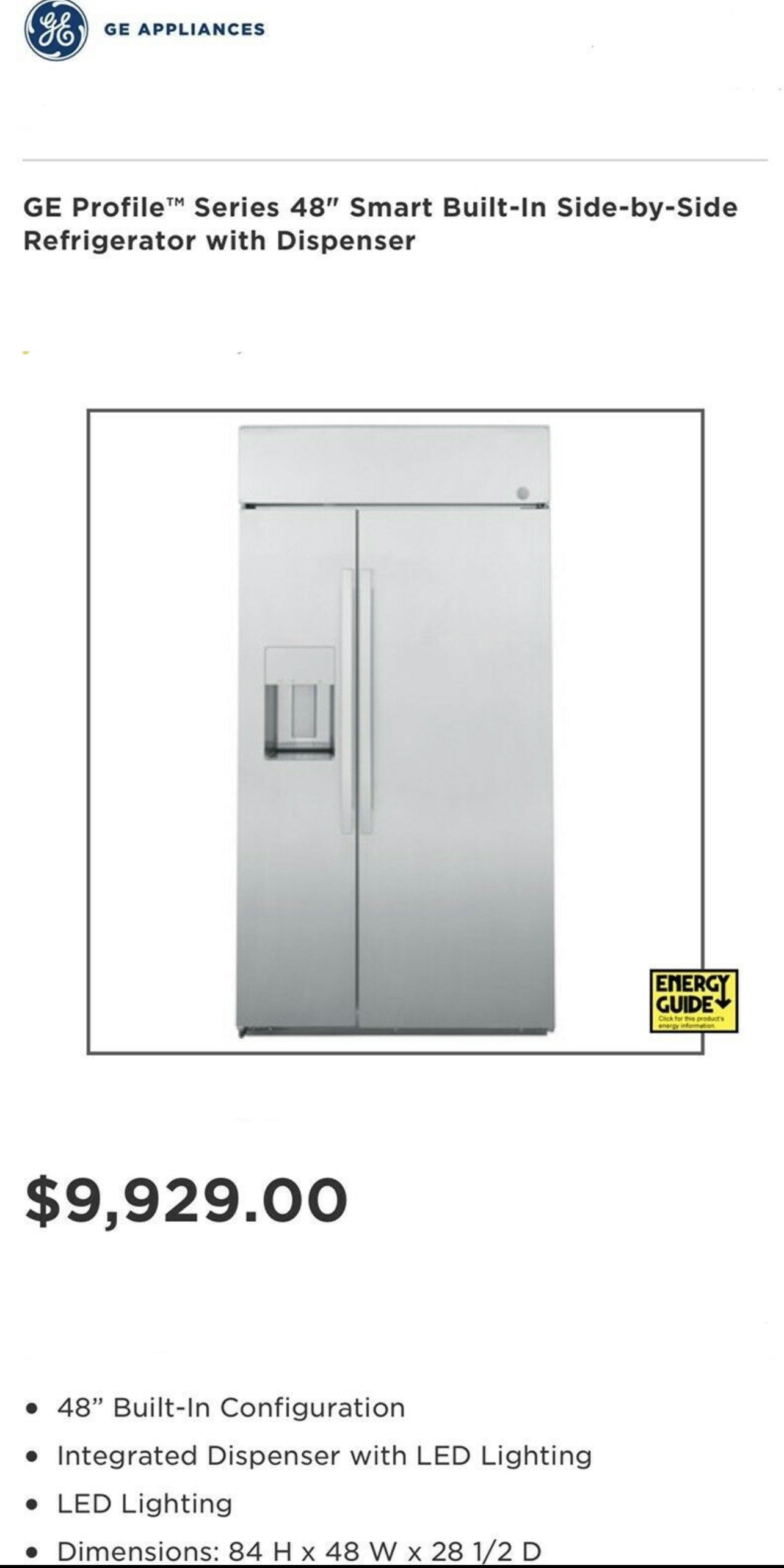 GE Profile 42" Double Door Huge 25.1 Cu. Ft. 42" Built-In Side-By-Side Refrigerator With Ice And Water Dispenser