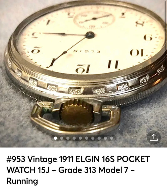 #953 Vintage 1911 ELGIN 16S POCKET WATCH 15J ~ Grade 313 Model 7 ~ Running