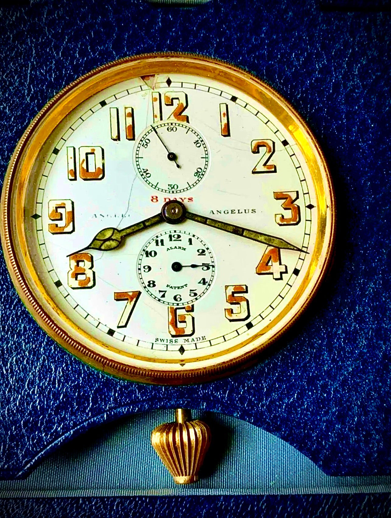 64. ANTIQUE ANGELUS 8 DAY TRAVEL ALARM CLOCK 15 JEWELS COIL GONG MINTY BLUE CASE CASE