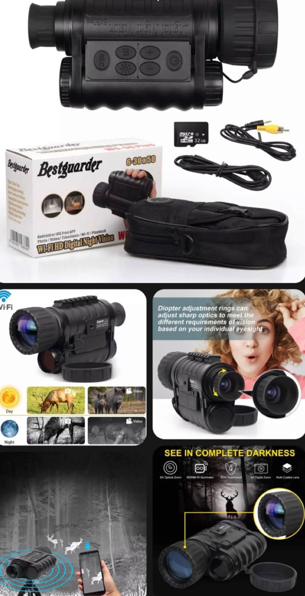 WG-50Plus 6x50mm WIFI Digital Night Vision Infrared IR Monocular w/32G & Camera