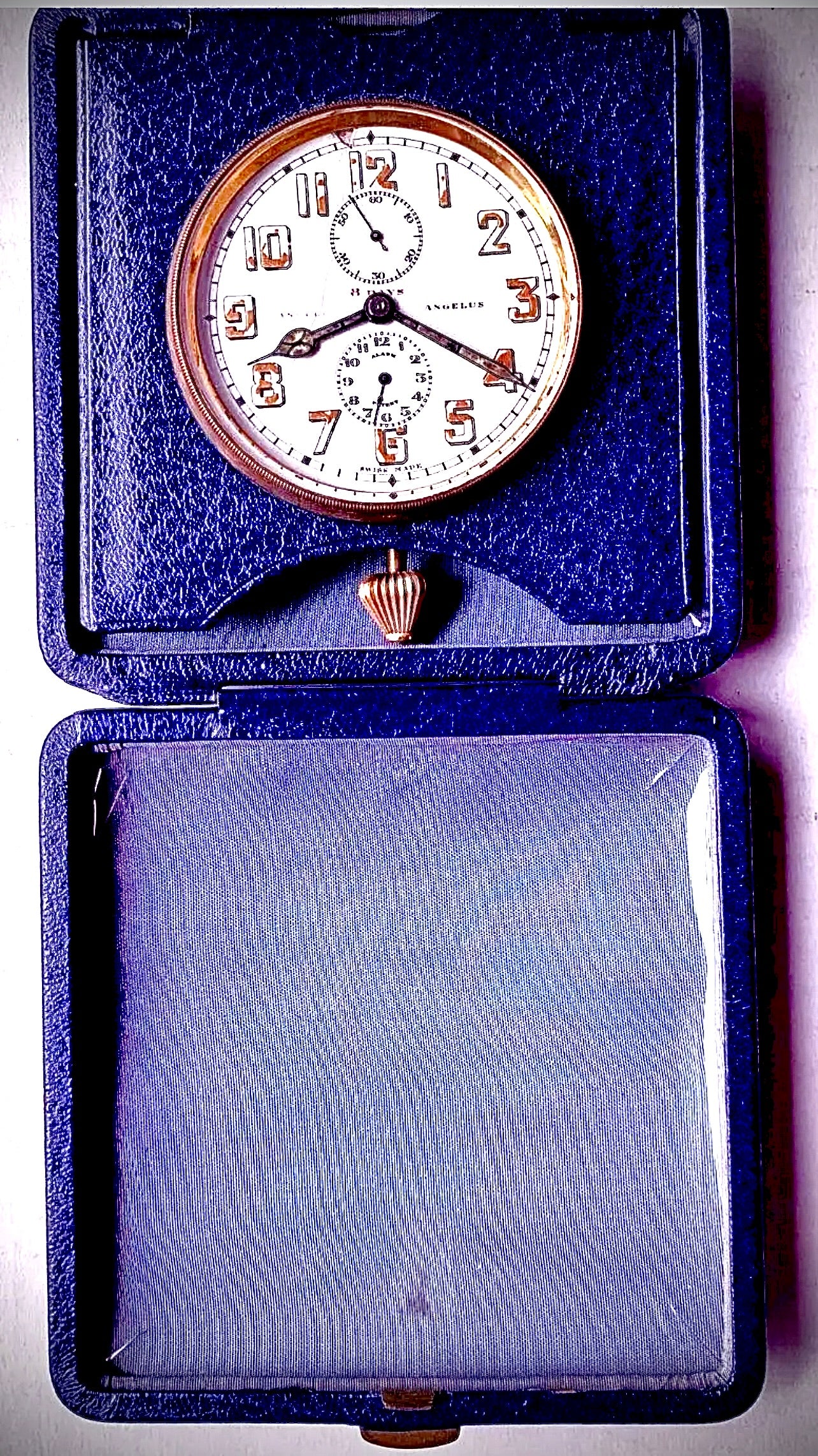 64. ANTIQUE ANGELUS 8 DAY TRAVEL ALARM CLOCK 15 JEWELS COIL GONG MINTY BLUE CASE CASE