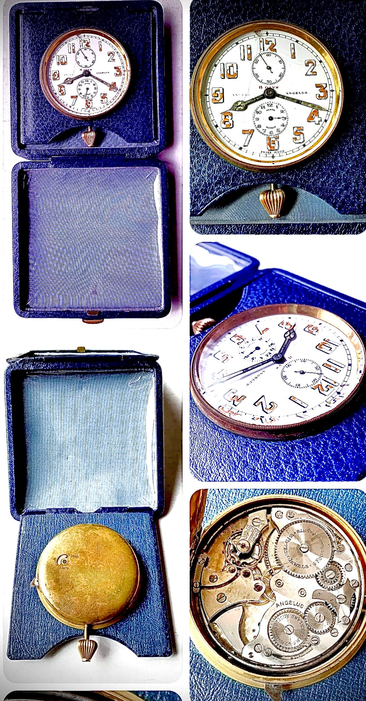 64. ANTIQUE ANGELUS 8 DAY TRAVEL ALARM CLOCK 15 JEWELS COIL GONG MINTY BLUE CASE CASE