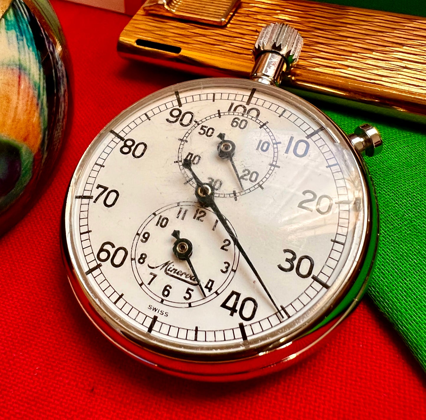 #282 Rare Minerva Swiss Pocket Stop Watch With Split Second