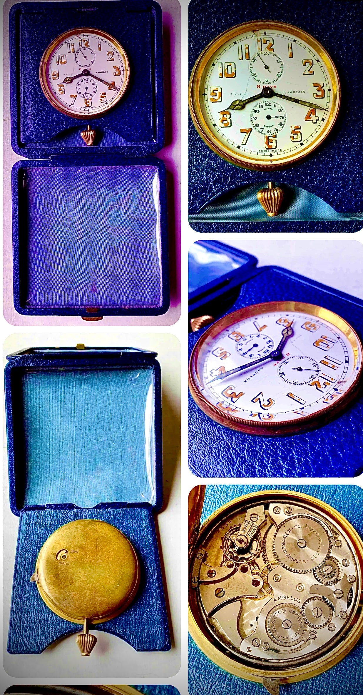 64. ANTIQUE ANGELUS 8 DAY TRAVEL ALARM CLOCK 15 JEWELS COIL GONG MINTY BLUE CASE CASE