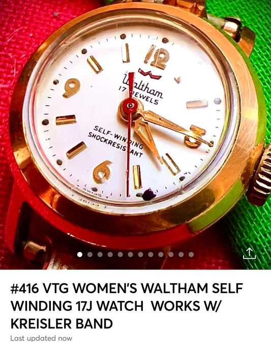 R#416 VTG WOMEN'S WALTHAM SELF WINDING 17J WATCH  WORKS W/KREISLER BAND pre owned