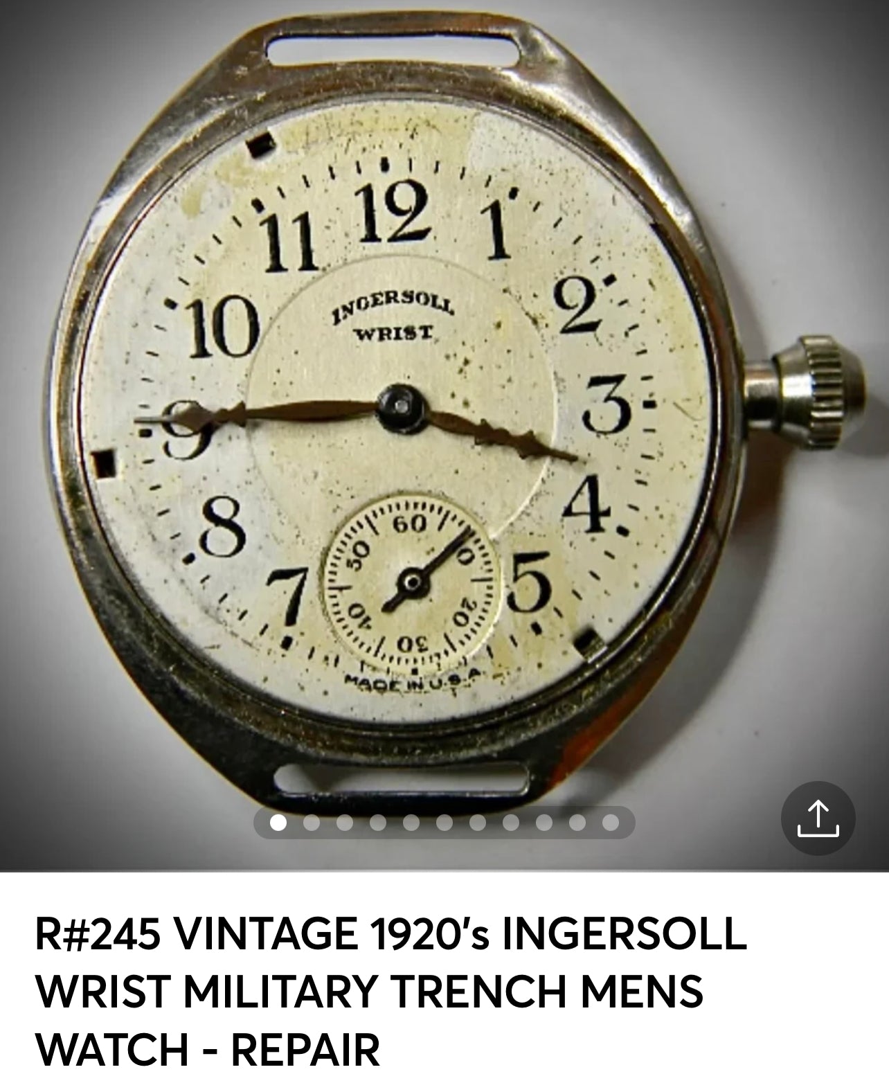 R#245 Antique 1920's INGERSOLL WRIST MILITARY TRENCH MENS WATCH Collectable