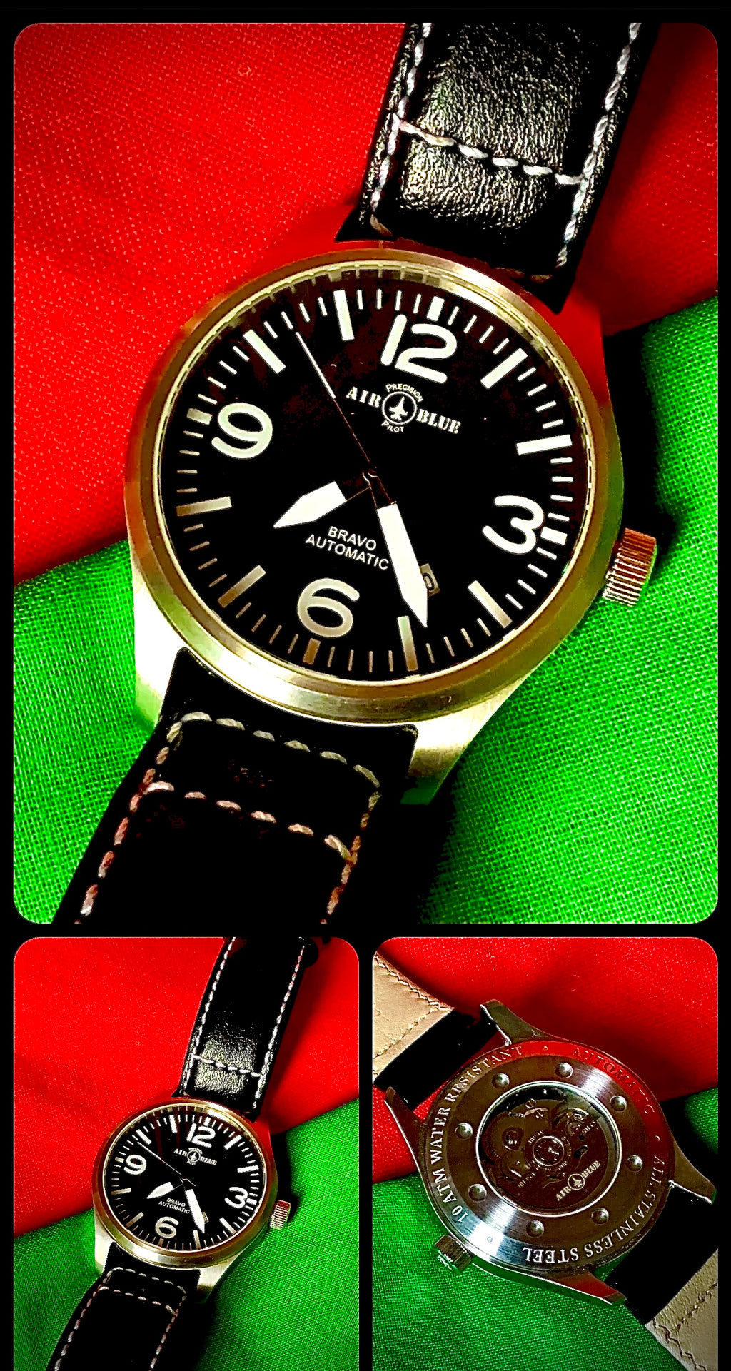 #358 Air Blue BRAVO AUTO Pilots watch Date 44mm PVD Case Sapphire Glass