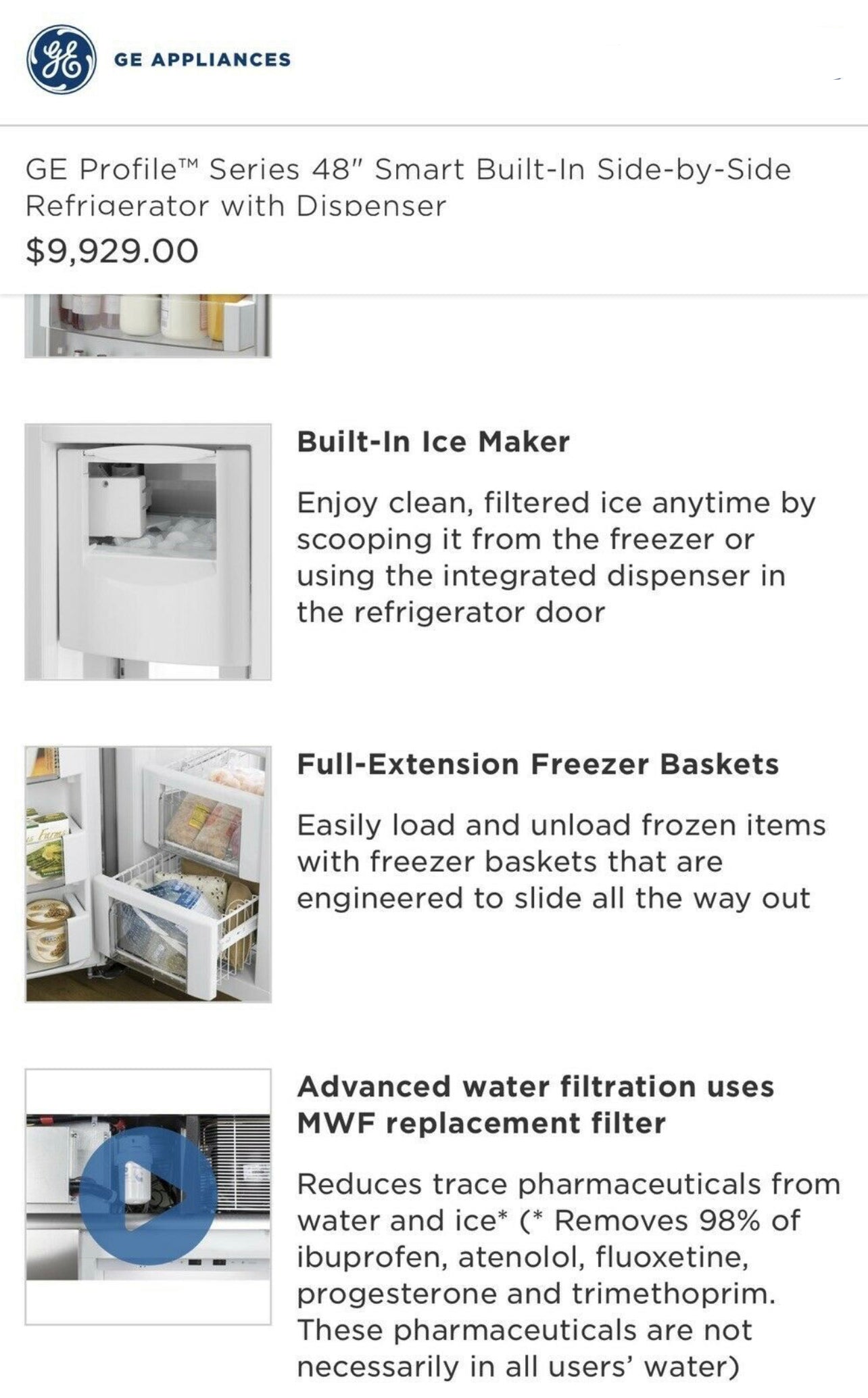 GE Profile 42" Double Door Huge 25.1 Cu. Ft. 42" Built-In Side-By-Side Refrigerator With Ice And Water Dispenser